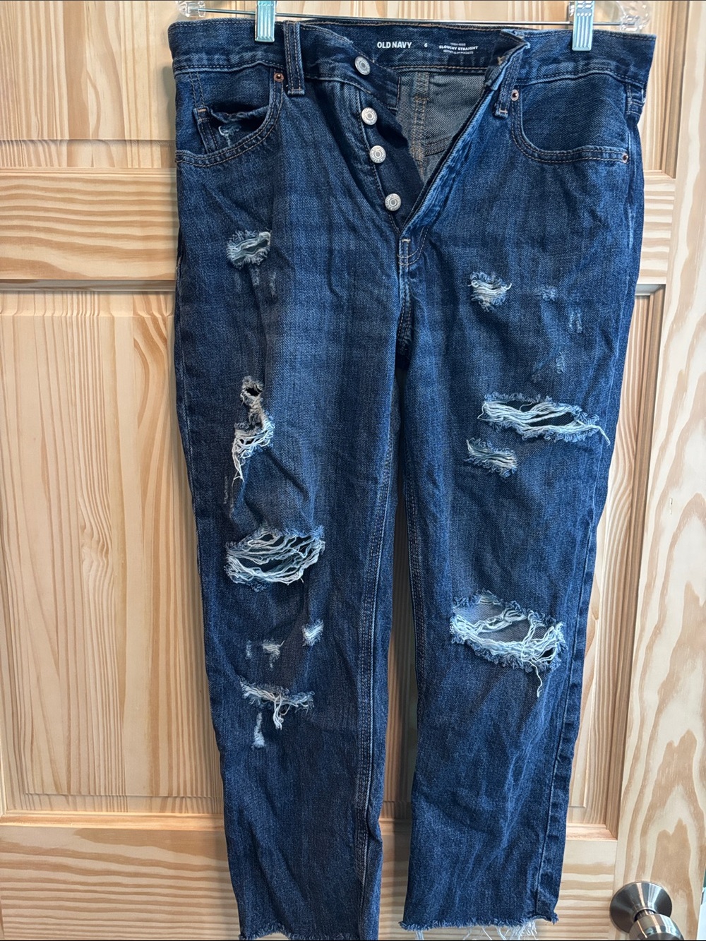 Old Navy Slouchy Straight Dark Blue Distressed Button-Fly Jeans